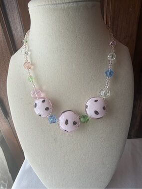 Nena Pink Art Glass Polka Dot Beaded Statement Necklace Pastel Crystal Accent